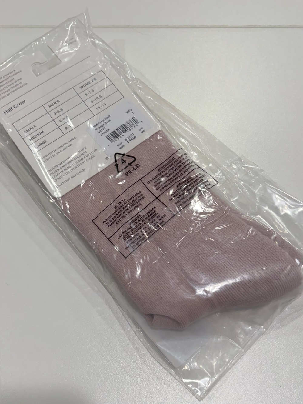 Vuori Women's Large Half Crew Sock Vintage Rose Pink NWT 4-Way Stretch - Picture 3 of 5